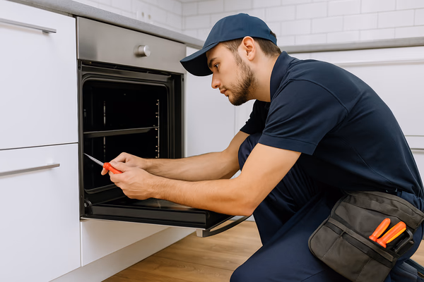 Appliance repair technician fixing a refrigerator