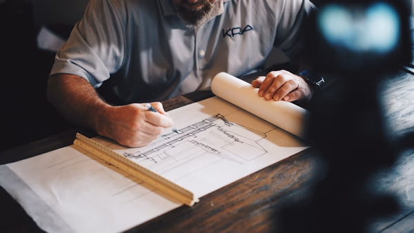 Professional architect reviewing building plans with clients