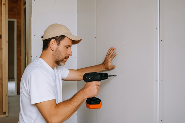 Drywall contractor finishing a wall