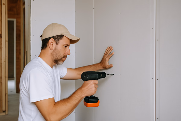 Drywall contractor finishing a wall