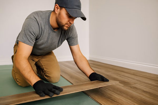 Flooring installer working on hardwood floor installation