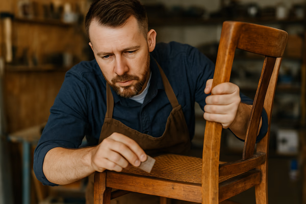 Professional furniture restorer working on an antique wooden piece in a workshop