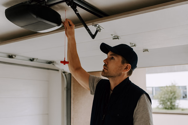 Technician servicing a residential garage door