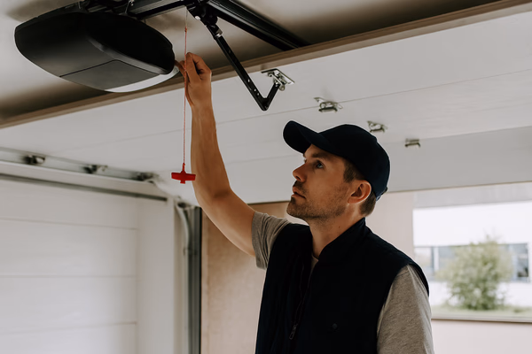 Technician servicing a residential garage door