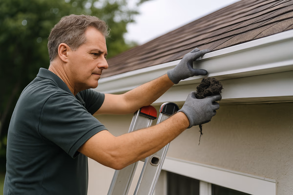 Professional gutter technician working on residential gutters