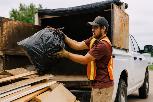 Professional junk removal team clearing debris from a property