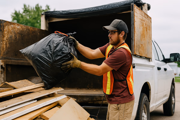 Professional junk removal team clearing debris from a property