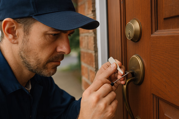 Serrurier professionnel travaillant sur une serrure de porte