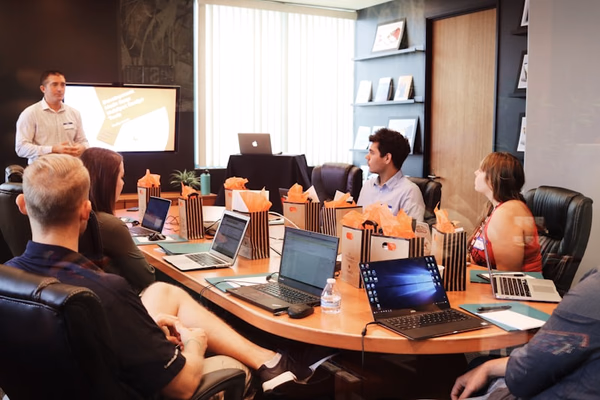 Creative marketing team collaborating on a design project