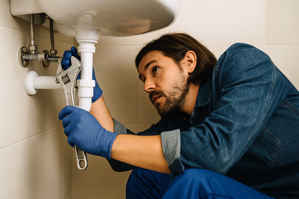 Plumber working on pipes