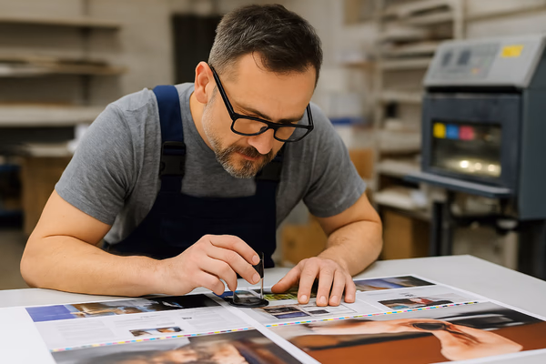 Professional print shop staff working on custom printing projects