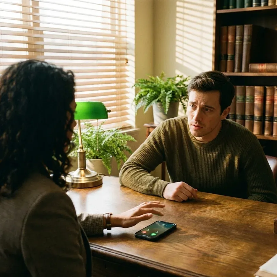 Professional hesitating to answer ringing phone during client meeting