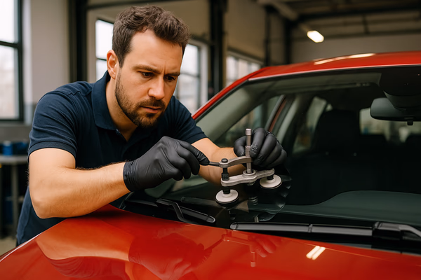 Professional technician repairing a windshield crack on a vehicle
