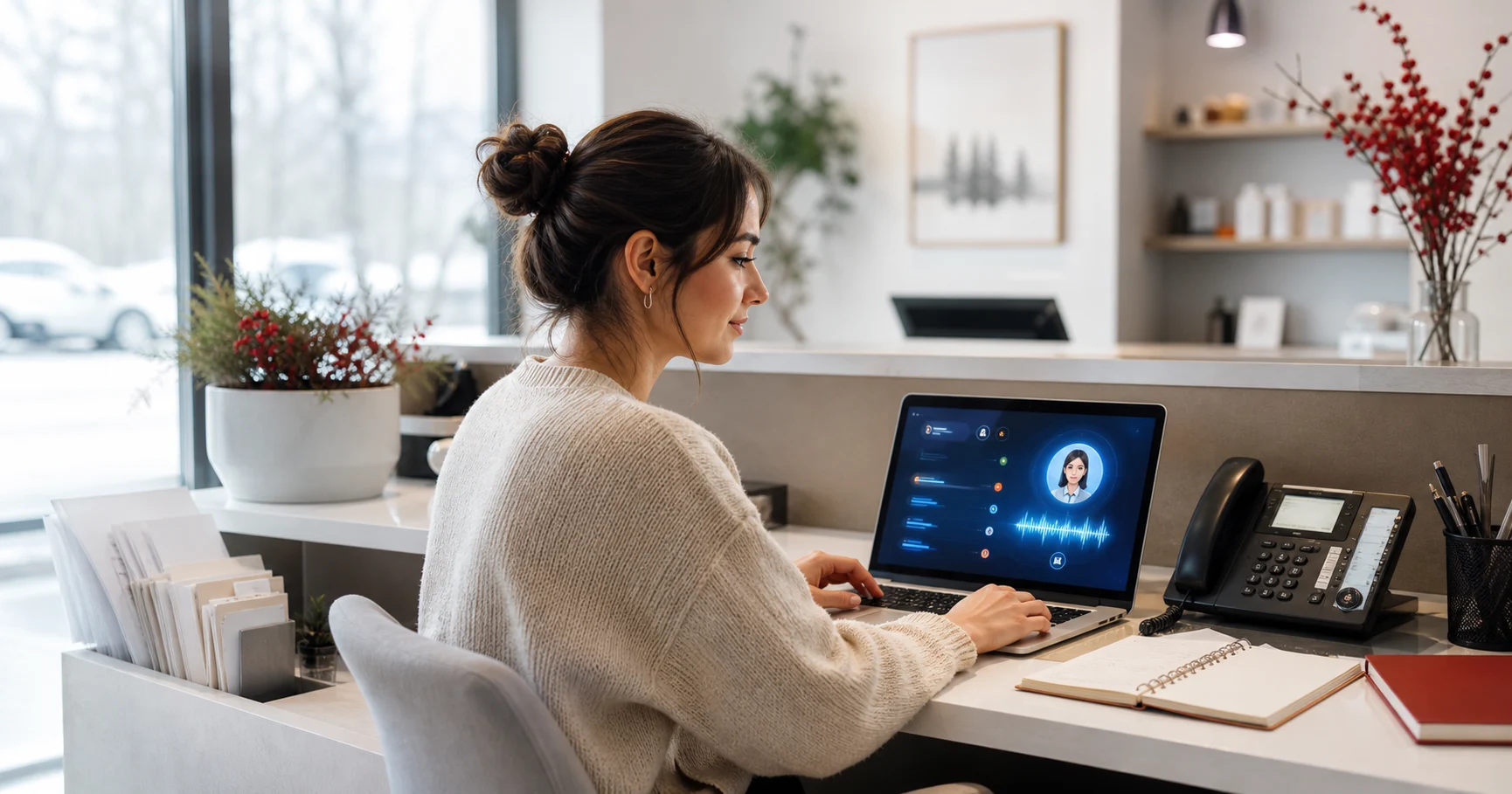 Canadian small business owner reviewing AI receptionist calls and appointments